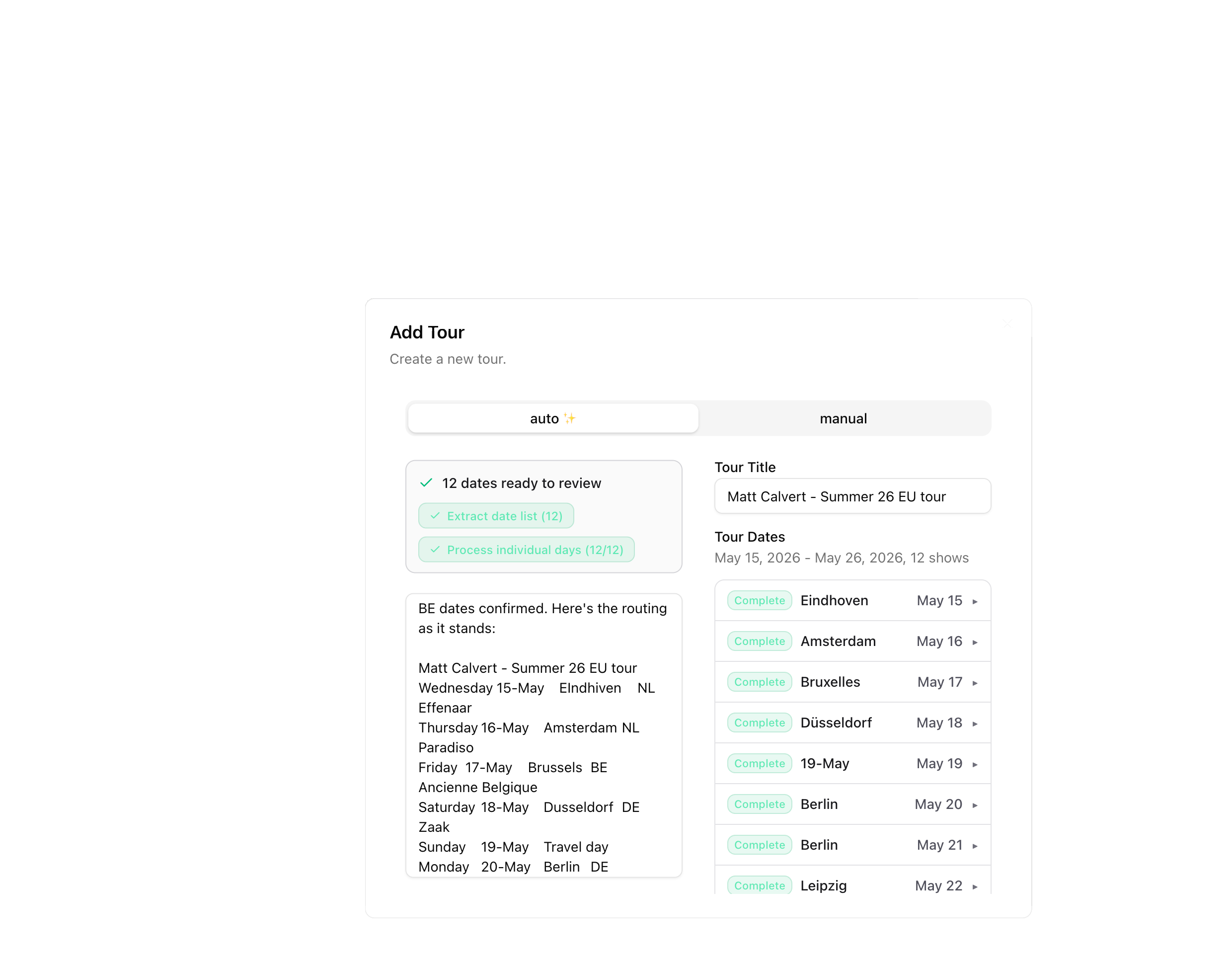 Filled add tour dialog showing the parsed tour details
