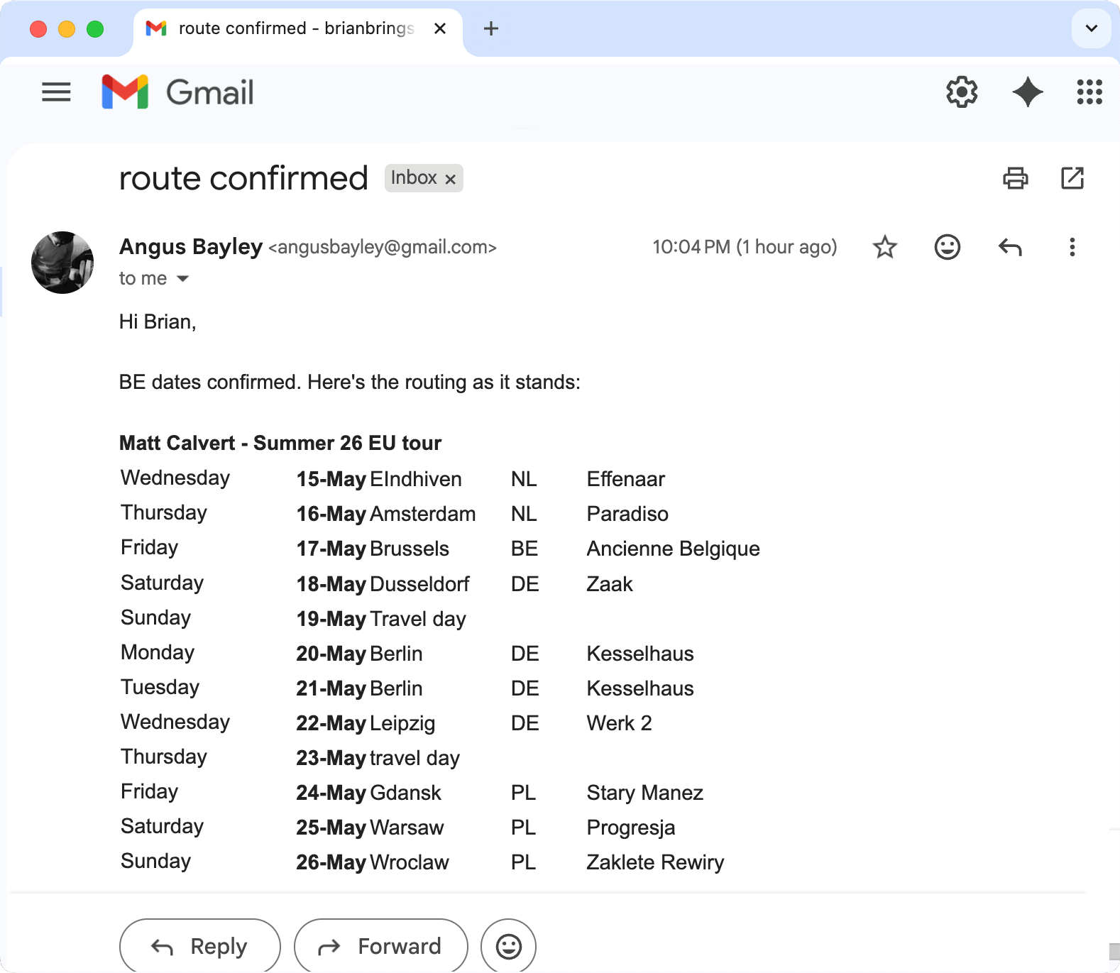 Route confirmation email in Gmail